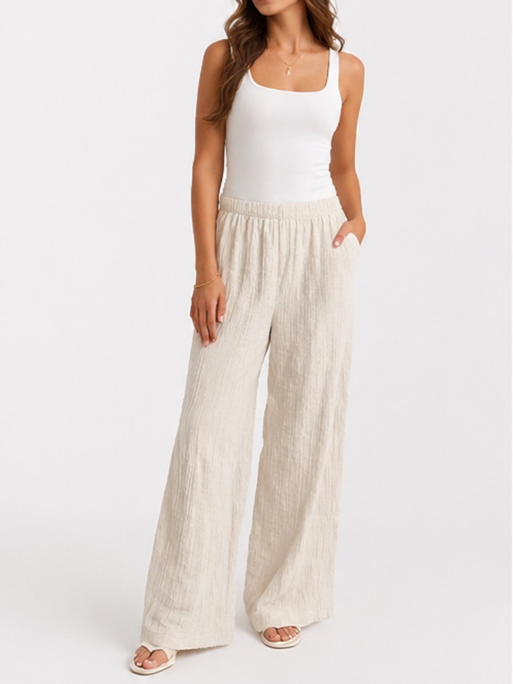 White Crinkle Wide Leg Pants